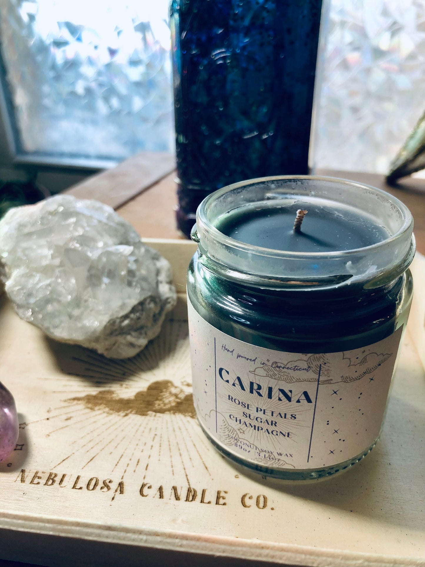 Carina|Rose Petals|Sugar|Champagne|Black|Scented| Natural Coconut Soy| Aromatherapy| Galaxy| Nebula|Celestial|Container|Shimmer Candle|
