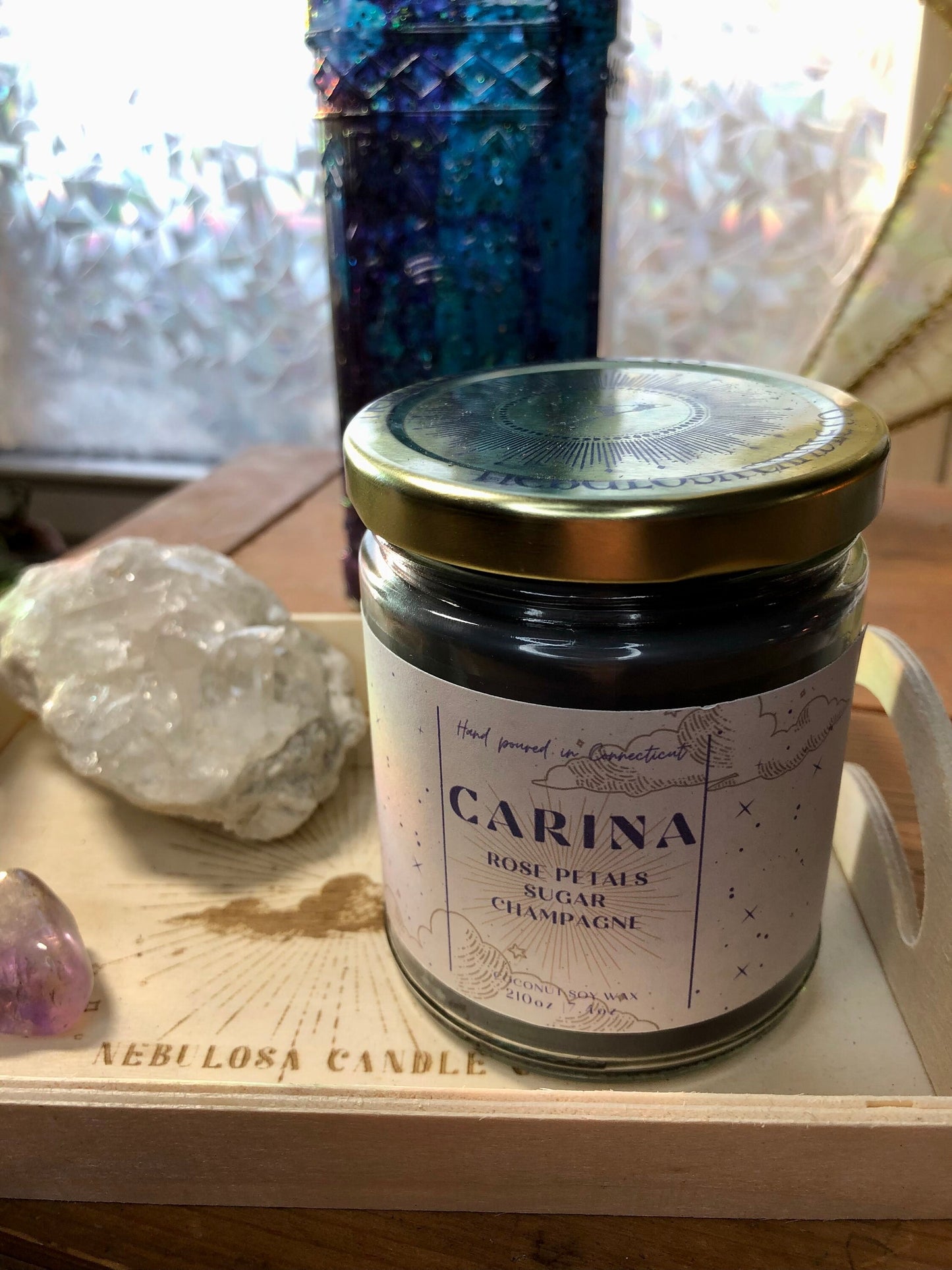 Carina|Rose Petals|Sugar|Champagne|Black|Scented| Natural Coconut Soy| Aromatherapy| Galaxy| Nebula|Celestial|Container|Shimmer Candle|
