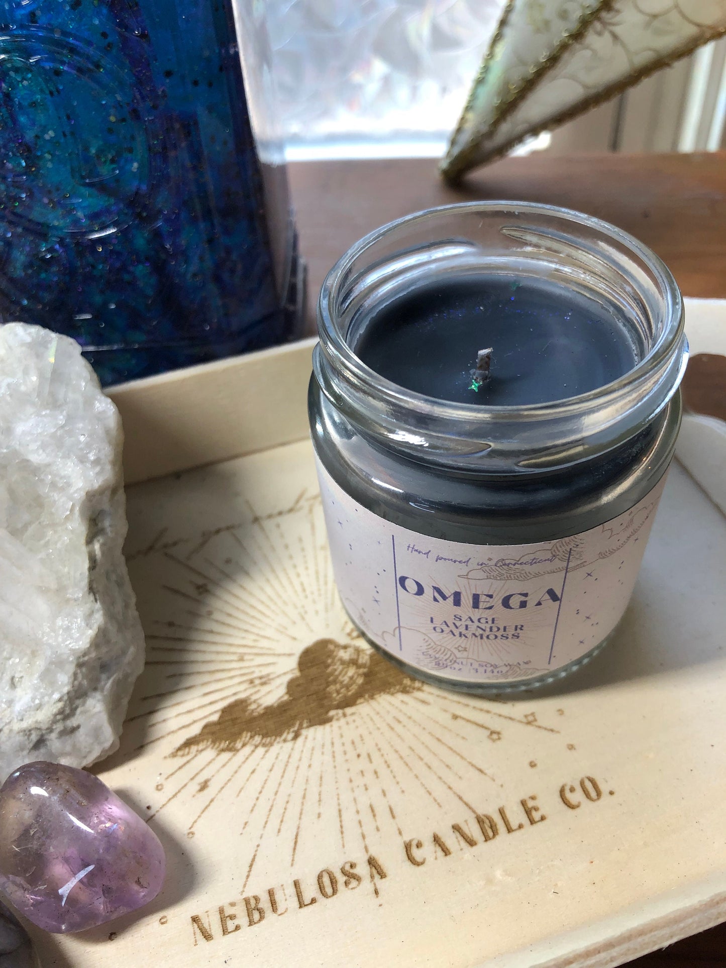 Omega|Sage|Lavender|Oakmoss|Black| Scented| Natural Coconut Soy| Aromatherapy| Galaxy| Nebula|Celestial|Container|Candle|Birthday|Handmade