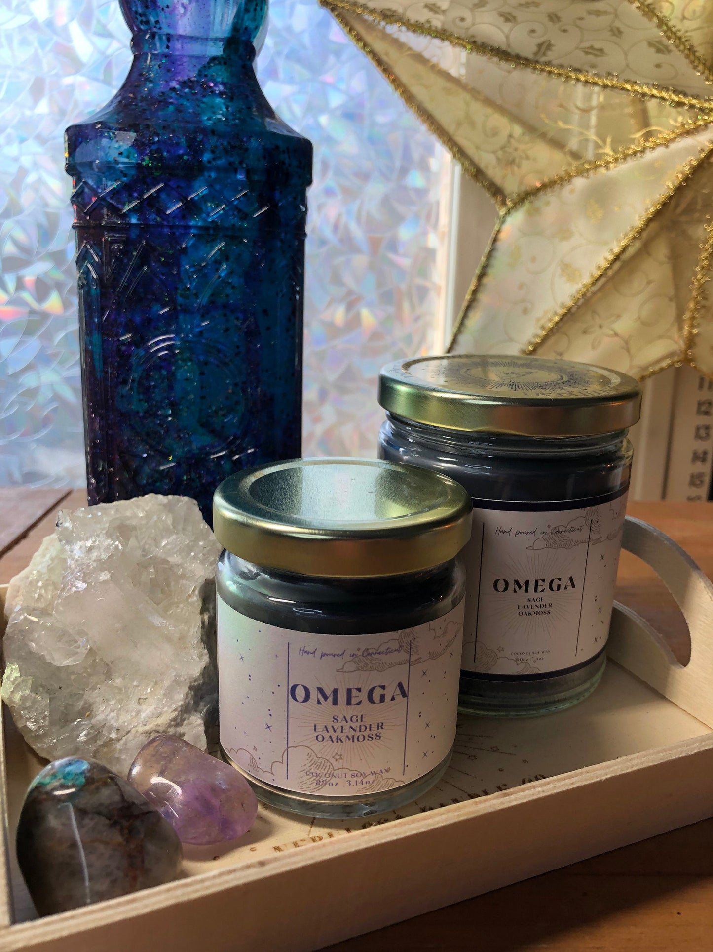 Omega|Sage|Lavender|Oakmoss|Black| Scented| Natural Coconut Soy| Aromatherapy| Galaxy| Nebula|Celestial|Container|Candle|Birthday|Handmade