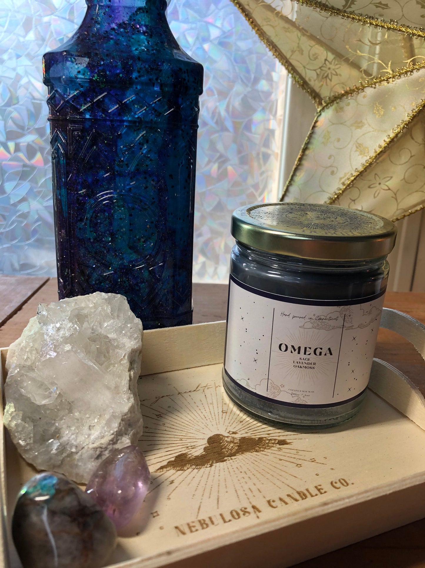 Omega|Sage|Lavender|Oakmoss|Black| Scented| Natural Coconut Soy| Aromatherapy| Galaxy| Nebula|Celestial|Container|Candle|Birthday|Handmade