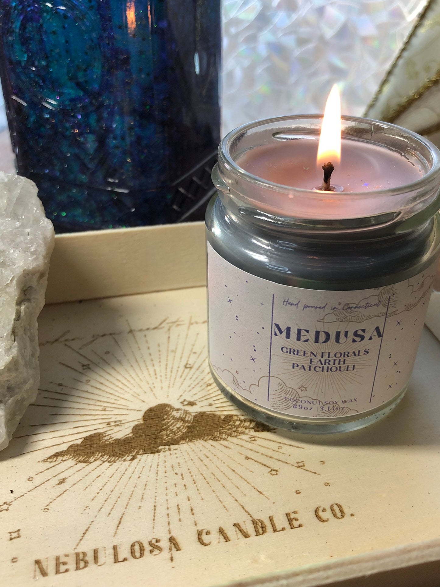 Medusa|Green Florals|Petrichor|Patchouli||Scented|Natural Coconut Soy|Aromatherapy|Galaxy| Nebula|Celestial|Container|Candle|Housewarming
