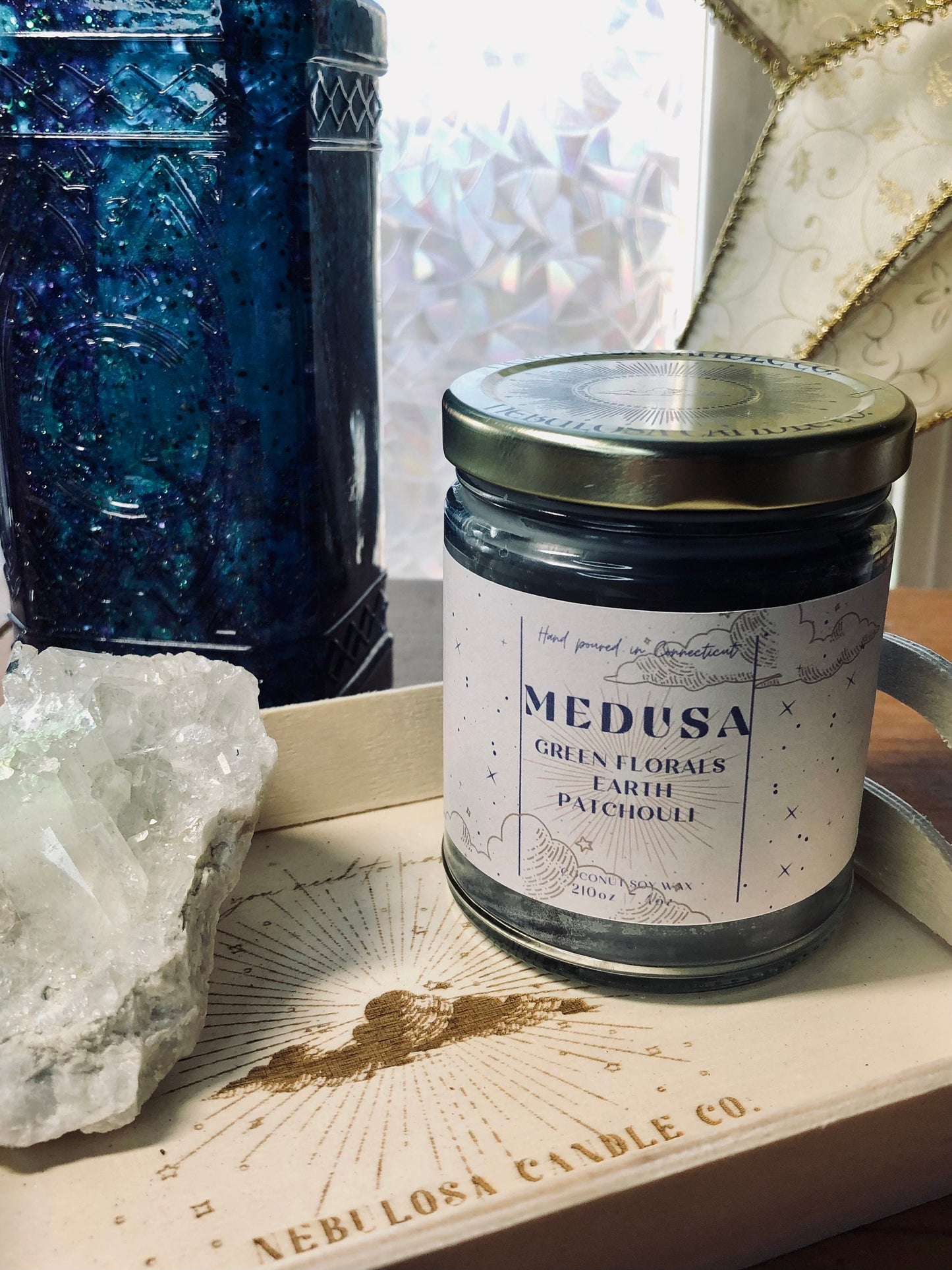Medusa|Green Florals|Petrichor|Patchouli||Scented|Natural Coconut Soy|Aromatherapy|Galaxy| Nebula|Celestial|Container|Candle|Housewarming